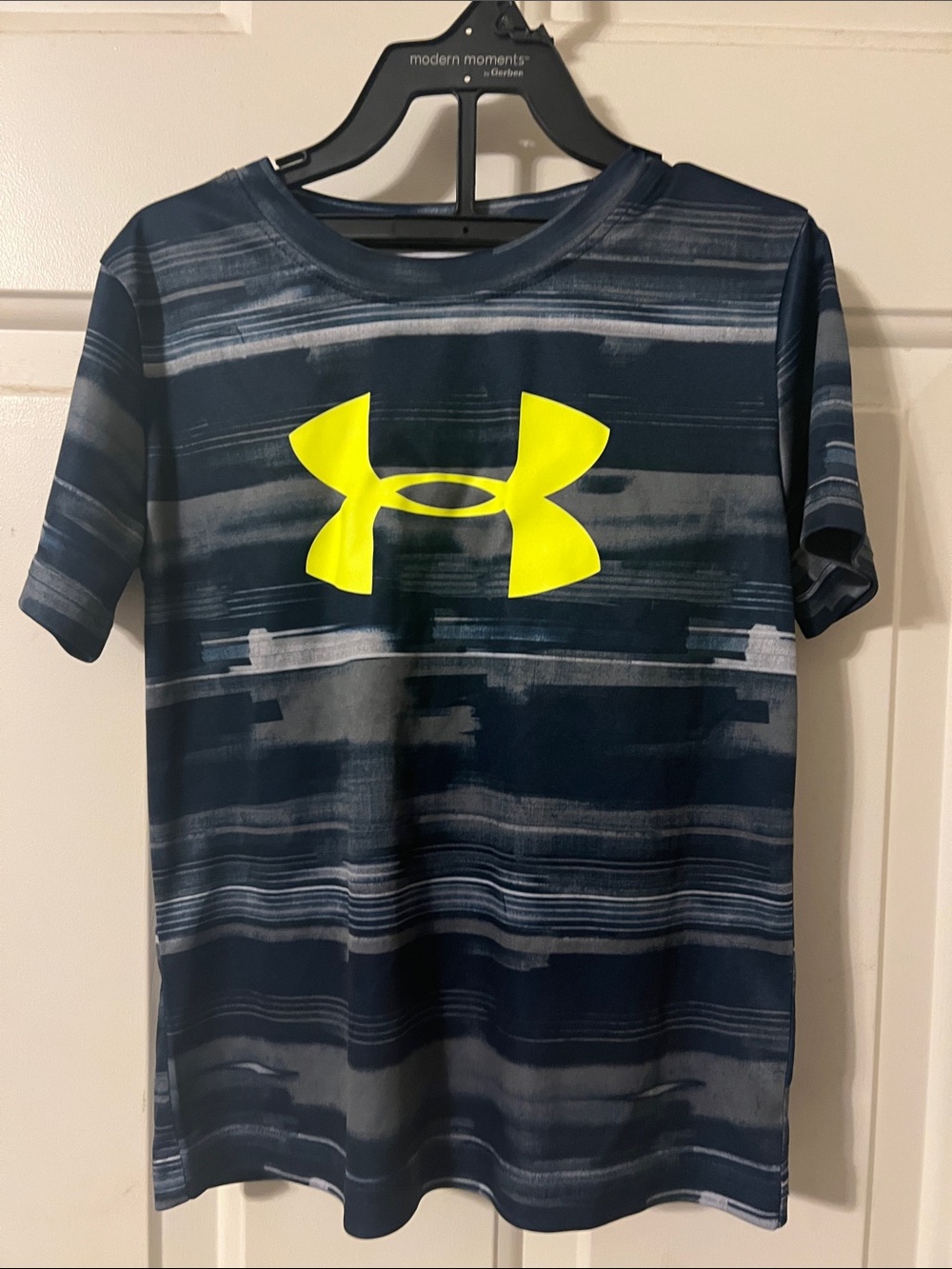 Under Armour Navy Striped Tee with Neon Yellow Logo